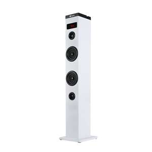 ngs sky charm torre de sonido bluetooth 50w mando a distancia pantalla led usb, radio fm, aux in y entrada optica tv carcasa de madera color blanco