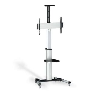 tooq soporte de pantalla de suelo con ruedas 37" 70" bloqueo de ruedas dos estantes gestion de cables peso max 50kg vesa 600x400mm color aluminio/negro