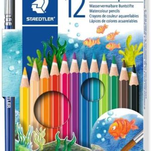 staedtler noris aquarell pack de 12 lapices hexagonales de colores + pincel refuerzo de mina para mayor resistencia a la rotura madera de bosques sostenibles colores surtidos