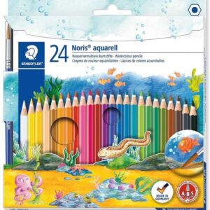 staedtler noris aquarell pack de 24 lapices hexagonales de colores + pincel refuerzo de mina para mayor resistencia a la rotura madera de bosques sostenibles colores surtidos