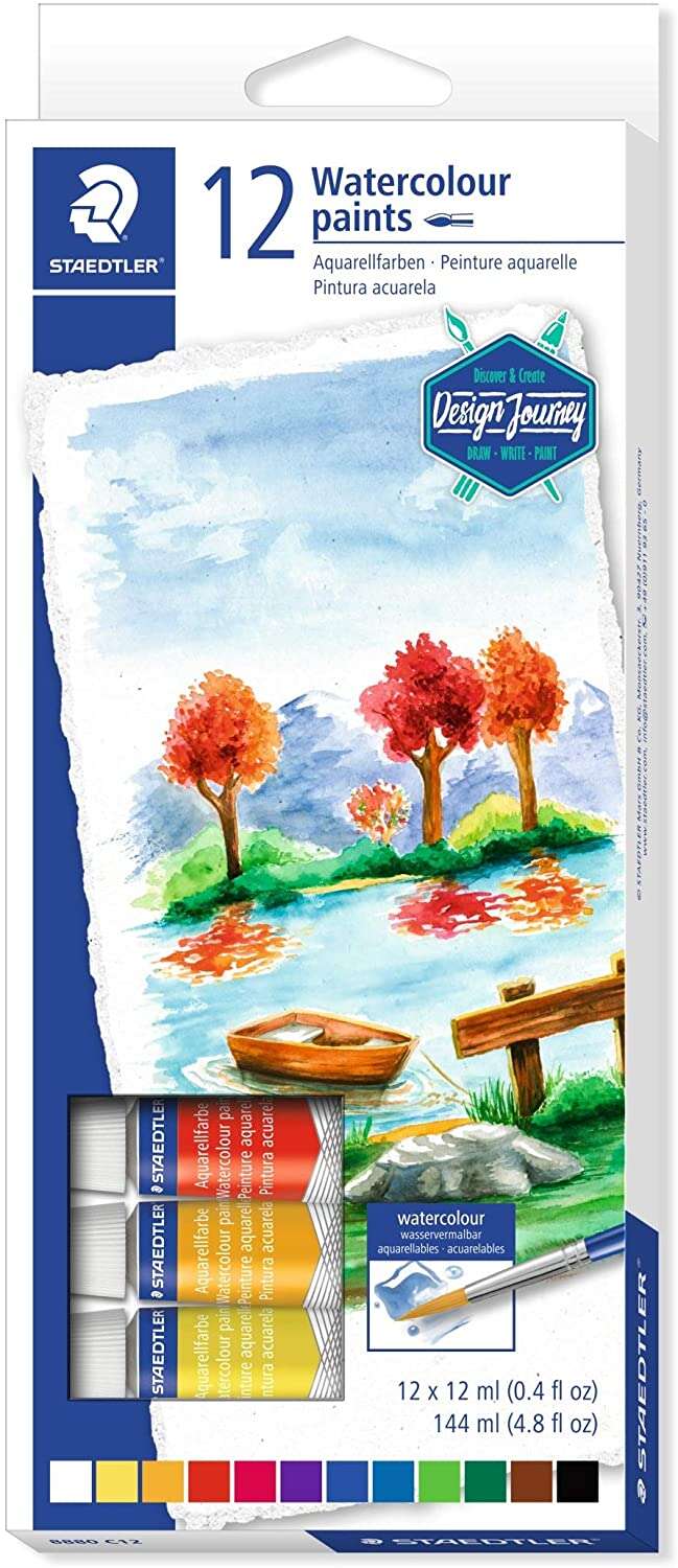staedtler pack de 12 tubos de acuarela 12ml colores brillantes usar en papel acuarela o cartulina colores surtidos