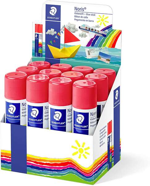 staedtler noris expositor de 12 barras de pegamento 40gr sin disolventes uso escolar pega papel, cartulina, tejido etc