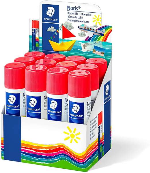 staedtler noris expositor de 12 barras de pegamento 20gr sin disolventes uso escolar pega papel, cartulina, tejido etc