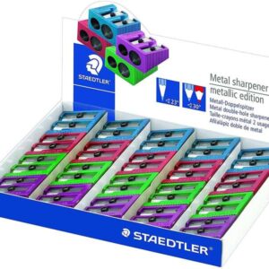 staedtler expositor de 20 sacapuntas metalicos con cuchilla de metal y 2 orificios angulo de afilado de 23° y 30º colores surtidos