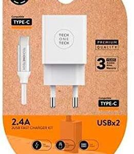 techonetech cargador doble de pared + cable usb a a usb c 1m recubierto de nylon trenzado