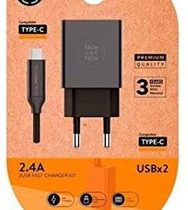techonetech cargador doble de pared + cable usb a a usb c 1m recubierto de nylon trenzado