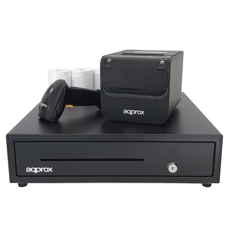 approx pack tpv cajon portamonedas + impresora termica + lector de codigos + rollos color negro
