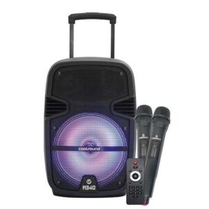 coolsound a340 altavoz amplificado bluetooth 250w 8" usb, entrada mic. jack 6.3mm iluminacion led 2 microfono incluidos asa y ruedas de transporte mando a distancia
