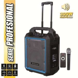 coolsound pro 300 altavoz autoamplificado bluetooth 300w 10" 80w rms con bateria usb, sd, entrada mic. jack 6.3mm 1 microfono serie pro cool autonomia hasta 4h asa y ruedas de transporte mando a distancia