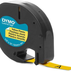 dymo letratag s0721620 cinta de etiquetas original para rotuladora texto negro sobre fondo amarillo ancho 12mm x 4 metros (91202)
