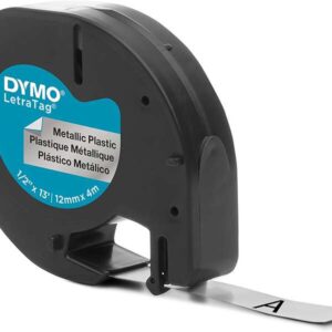 dymo letratag s0721730 cinta de etiquetas original para rotuladora texto negro sobre fondo metalico ancho 12mm x 4 metros (91208)