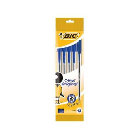 bic cristal original pack de 5 boligrafos de bola punta redonda de 1.0mm trazo 0.4mm tinta con base de aceite color azul