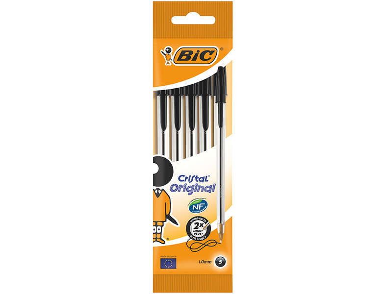 bic cristal original pack de 5 boligrafos de bola punta redonda de 1.0mm trazo 0.4mm tinta con base de aceite color negro