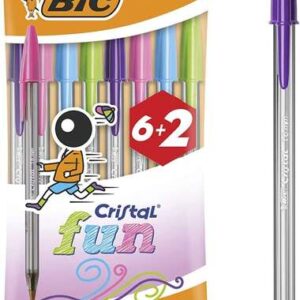 bic cristal fun 6+2 pack de 8 boligrafos de bola punta redonda de 1.6mm trazo 0.42mm tinta con base de aceite colores surtidos