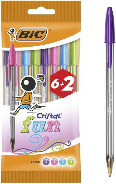 bic cristal fun 6+2 pack de 8 boligrafos de bola punta redonda de 1.6mm trazo 0.42mm tinta con base de aceite colores surtidos