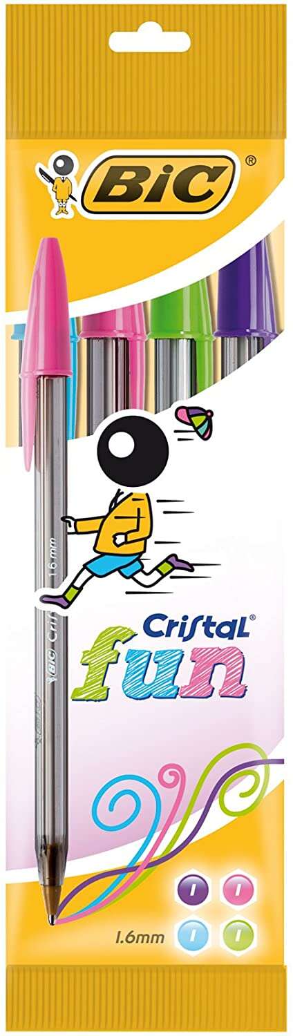 bic cristal fun pack de 4 boligrafos de bola punta redonda de 1.6mm trazo 0.42mm tinta con base de aceite colores surtidos