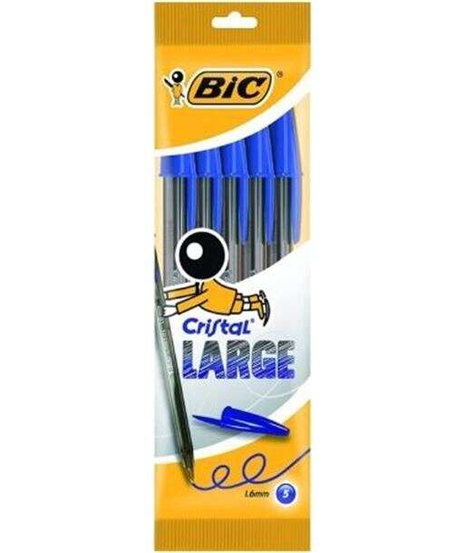 bic cristal large pack de 5 boligrafos de bola punta redonda de 1.6mm trazo 0.6mm tinta con base de aceite color azul