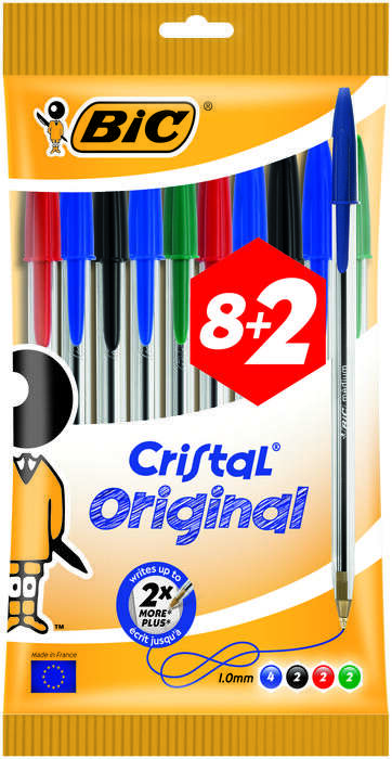 bic cristal original pack de 10 boligrafos de bola punta redonda de 1.0mm trazo 0.4mm tinta con base de aceite colores surtidos