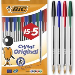 bic cristal original 15+5 pack de 20 boligrafos de bola punta redonda de 1.0mm trazo 0.4mm tinta con base de aceite colores surtidos