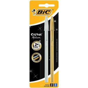bic cristal shine pack de 2 boligrafos de bola punta media de 1.0mm tinta con base de aceite cuerpo plateado y dorado color azul y negro