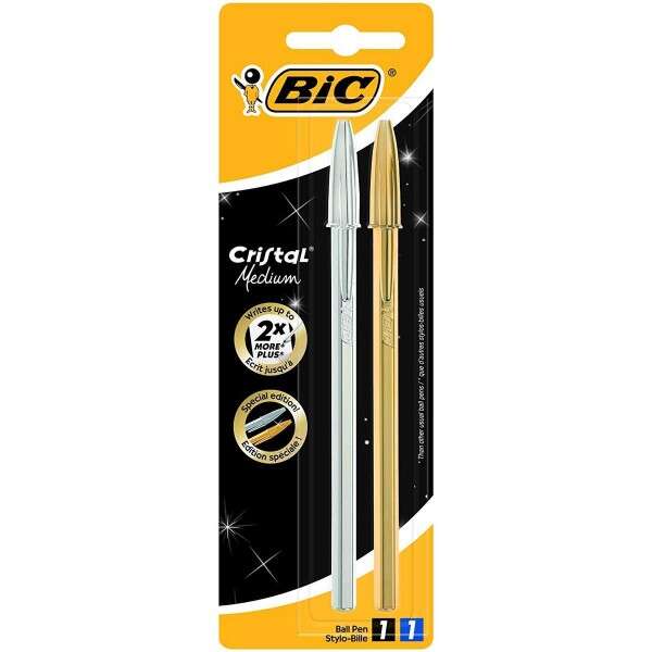 bic cristal shine pack de 2 boligrafos de bola punta media de 1.0mm tinta con base de aceite cuerpo plateado y dorado color azul y negro