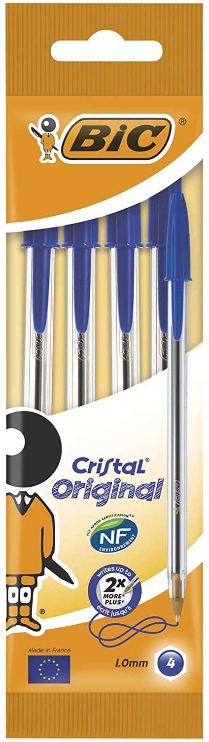 bic cristal original pack de 4 boligrafos de bola punta redonda de 1.0mm trazo 0.4mm tinta con base de aceite color azul