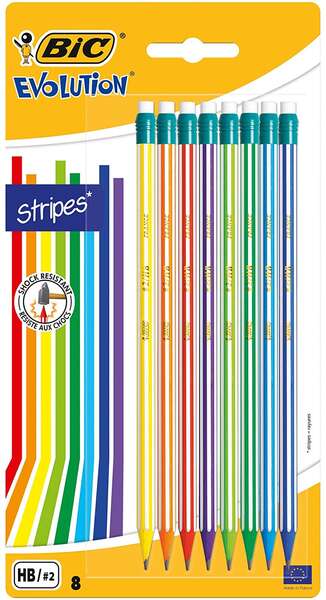 bic evolution stripes pack de 8 lapices de grafito hexagonales con goma de borrar mina hb ultraresistente fabricados en resina sintetica cuerpo de colores surtidos