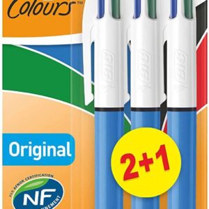 bic 4 colours original pack de 3 boligrafos de bola retractil punta media de 1.0mm tinta con base de aceite cuerpo azul/blanco 4 colores