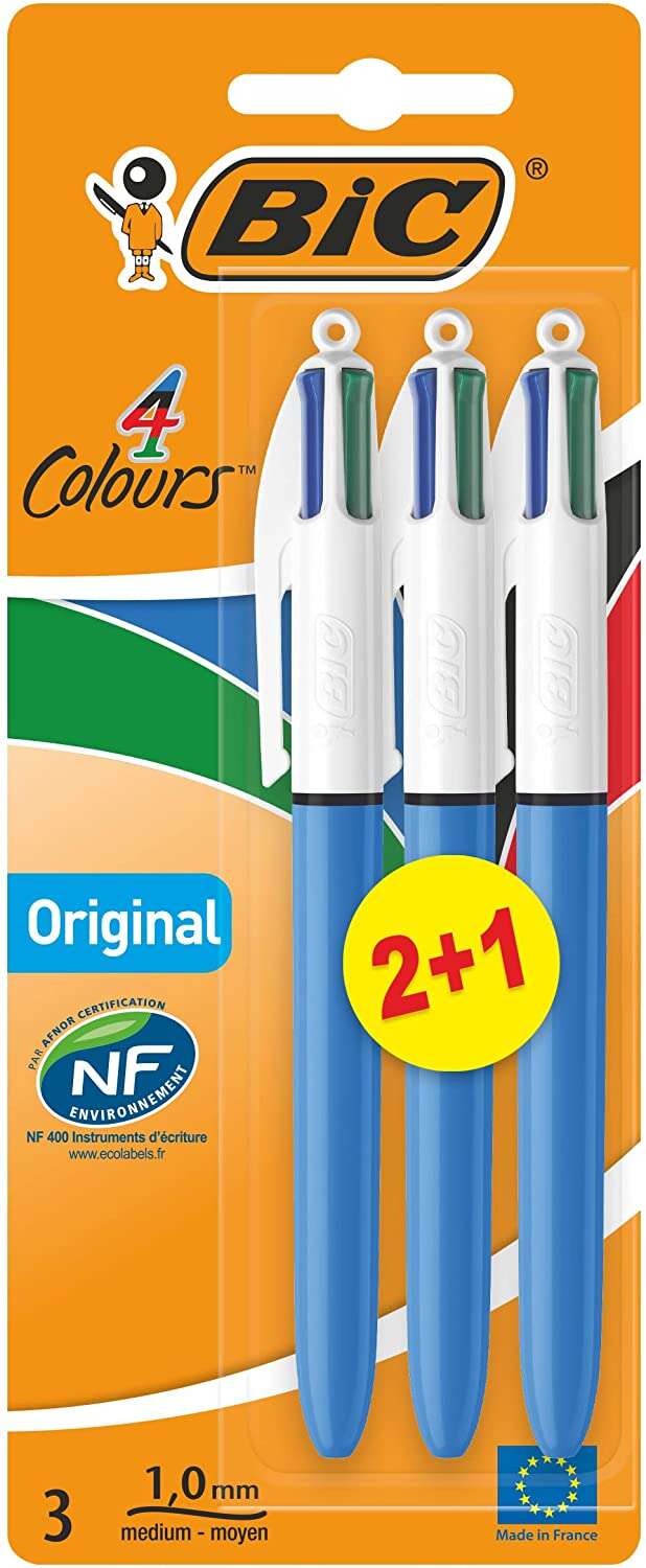 bic 4 colours original pack de 3 boligrafos de bola retractil punta media de 1.0mm tinta con base de aceite cuerpo azul/blanco 4 colores