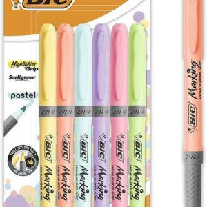 bic highlighter grip pack de 6 marcadores fluorescentes pastel tinta con base de agua punta biselada trazo entre 1.60 y 3.30mm colores surtidos