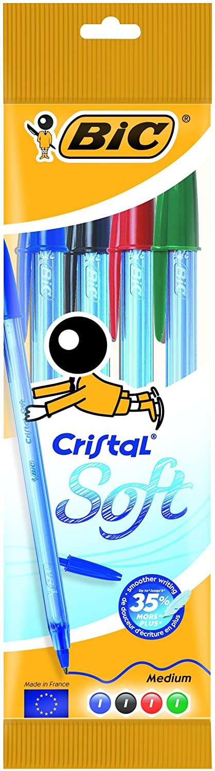 bic cristal soft pack de 4 boligrafos de bola punta media de 1.2mm trazo 0.45mm escritura mas fluida colores surtidos