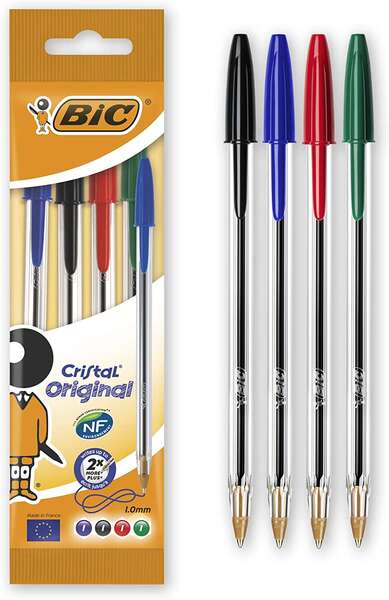 bic cristal original pack de 4 boligrafos de bola punta redonda de 1.0mm trazo 0.4mm tinta con base de aceite colores surtidos
