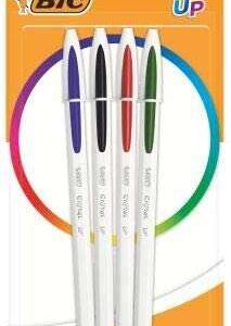 bic cristal up pack de 4 boligrafos de bola punta redonda de 1.2mm trazo 0.6mm tinta con base de aceite cuerpo blanco colores surtidos