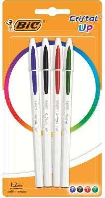 bic cristal up pack de 4 boligrafos de bola punta redonda de 1.2mm trazo 0.6mm tinta con base de aceite cuerpo blanco colores surtidos