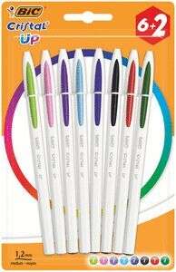bic cristal up pack de 8 boligrafos de bola punta redonda de 1.2mm trazo 0.6mm tinta con base de aceite cuerpo blanco colores surtidos