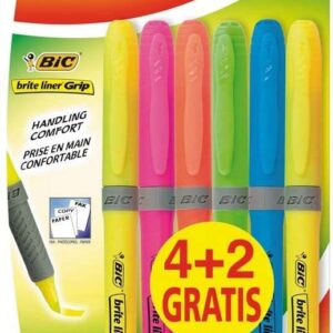 bic brit liner grip 4+2 pack de 6 marcadores fluorescentes tinta con base de agua punta biselada trazo entre 1.60 y 3.30mm colores surtidos