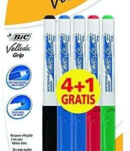 bic velleda grip 4+1 pack de 5 rotuladores para pizarra zona con grip punta media trazo de 1.2mm borrado optimo colores surtidos