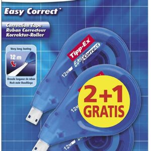 tipp ex easy correct 2+1 pack de 3 cintas correctoras 4.2mm x 12m resistente escritura instantanea (blister)