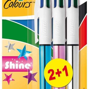 bic 4 colours shine 2+1 pack de 3 boligrafos de bola retractil punta media de 1.0mm tinta con base de aceite cuerpo de colores metalicos surtidos 4 colores