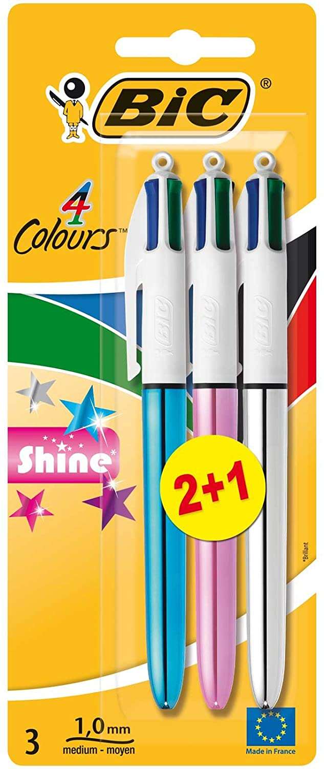 bic 4 colours shine 2+1 pack de 3 boligrafos de bola retractil punta media de 1.0mm tinta con base de aceite cuerpo de colores metalicos surtidos 4 colores