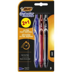 bic gel ocity quick dry 2+1 pack de 3 boligrafos retractiles grip de goma punta media de 0.7mm secado ultra rapido no mancha el papel colores surtidos