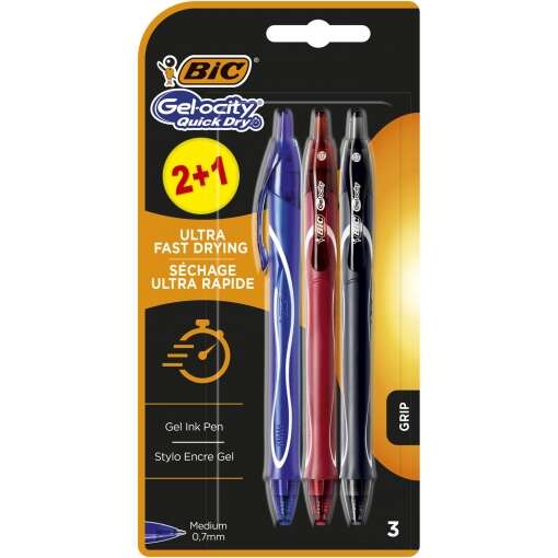 bic gel ocity quick dry 2+1 pack de 3 boligrafos retractiles grip de goma punta media de 0.7mm secado ultra rapido no mancha el papel colores surtidos