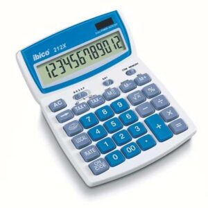 ibico 212x calculadora de sobremesa pantalla lcd de 12 digitos inclinable teclas de relieve funcion impuestos y redondeo color blanco/azul/gris