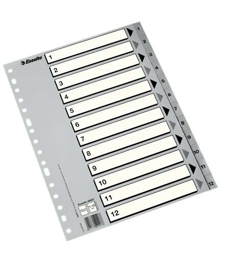 esselte indice numerico de plastico pestañas 1 al 12 multitaladro formato a4 color gris