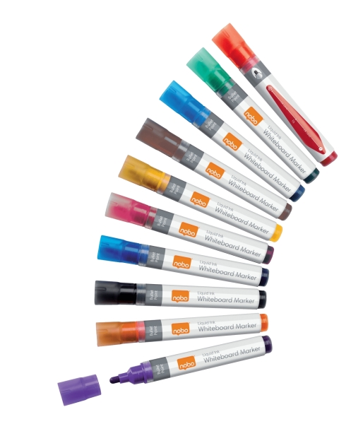 nobo pack de 10 rotuladores para pizarra blanca punta redonda 3mm tinta liquida ventana para ver el nivel de tinta colores surtidos