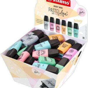 stabilo boss mini pastellove expositor con 50 marcadores fluorescentes trazo entre 2 y 5mm tinta con base de agua antisecado colores surtidos