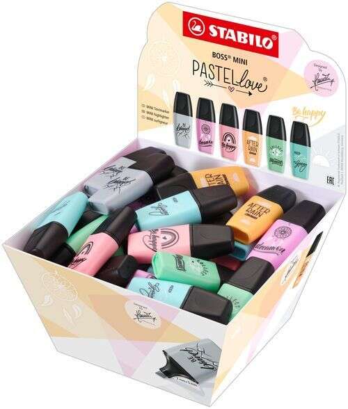 stabilo boss mini pastellove expositor con 50 marcadores fluorescentes trazo entre 2 y 5mm tinta con base de agua antisecado colores surtidos