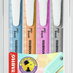 stabilo swing cool pastel pack de 4 marcadores fluorescentes cuerpo plano punta biselada trazo entre 1 y 4mm tinta con base de agua antisecado colores surtidos