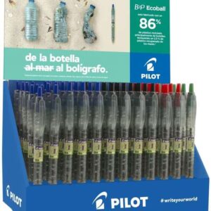 pilot expositor 60 boligrafos de bola retractiles b2p ecoball begreen + 10 b2p gel begreen 86,64% de plastico reciclado recargable colores surtidos