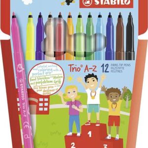 stabilo trio a z pack con 12 rotuladores de punta fina de fibra trazo 0.7mm tinta super lavable forma triangular colores surtidos